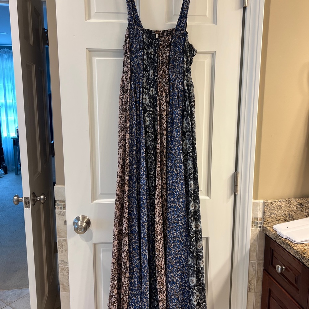 Free People Abstract Print Maxi Dress in Blue and Tan